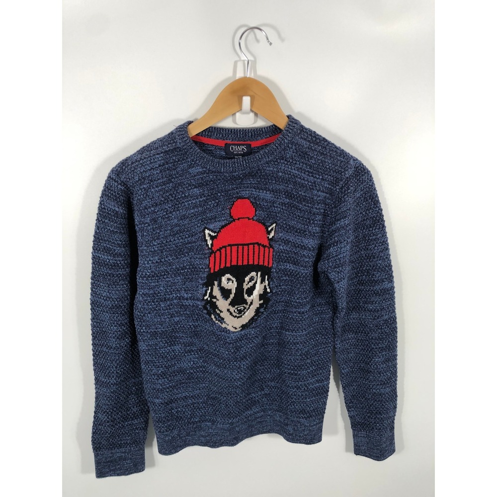 Chaps Husky Dog Chunky Knit Crew Neck Sweater Womens M Navy Blue 100% Cotton